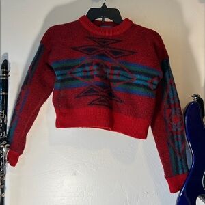 Pendleton Red Sweater with Blue and Green Patterns